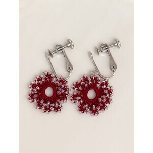 Dark Red Floral Beaded Clip-On Earrings, Handmade Dangle Screw Back, Non-Pierced